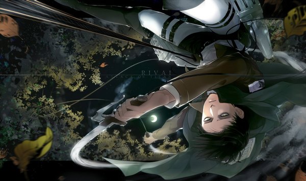 Anime picture 1981x1175 with shingeki no kyojin production i.g levi (rivaille) muturou k single highres short hair black hair wide image yellow eyes open clothes open jacket crescent boy weapon sword boots belt leaf (leaves) thigh strap