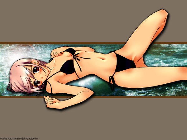 Anime picture 1280x960 with original f-ism murakami suigun single blush fringe short hair light erotic simple background hair between eyes red eyes white background signed lying letterboxed third-party edit alternate color girl navel swimsuit