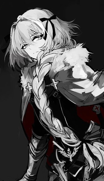 Anime picture 461x800 with fate (series) fate/apocrypha astolfo (fate) zmore single long hair tall image fringe simple background hair between eyes looking away fur trim black background monochrome otoko no ko boy ribbon (ribbons) hair ribbon armor fur