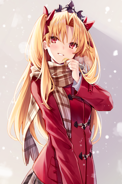 Anime picture 1000x1500 with fate (series) fate/grand order ereshkigal (fate) yuya (night lily) single long hair tall image blush fringe blonde hair smile hair between eyes red eyes standing looking away parted lips pleated skirt two side up plaid skirt exhalation