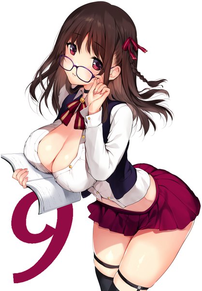 Anime picture 600x861 with original matarou (genkai toppa) single long hair tall image looking at viewer blush fringe breasts light erotic simple background red eyes brown hair large breasts standing white background holding signed braid (braids) parted lips