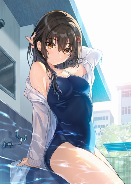 Anime picture 2933x4096 with original tan (tangent) single long hair tall image looking at viewer blush fringe highres breasts light erotic hair between eyes brown hair sitting yellow eyes outdoors off shoulder arm support open jacket covered navel