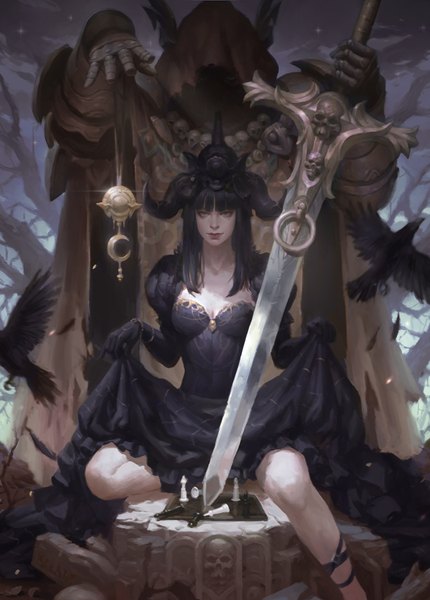 Anime picture 645x900 with original kilart (artist) single long hair tall image fringe black hair smile sitting yellow eyes cleavage bent knee (knees) lips mole puffy sleeves mole under eye flying crescent death girl
