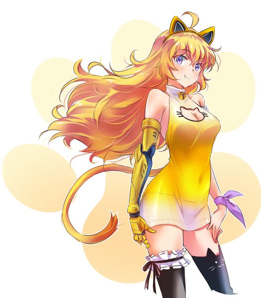 Anime picture 1260x1440 with rwby rooster teeth yang xiao long iesupa single long hair tall image looking at viewer breasts light erotic simple background blonde hair smile large breasts purple eyes animal ears ahoge tail animal tail cat tail