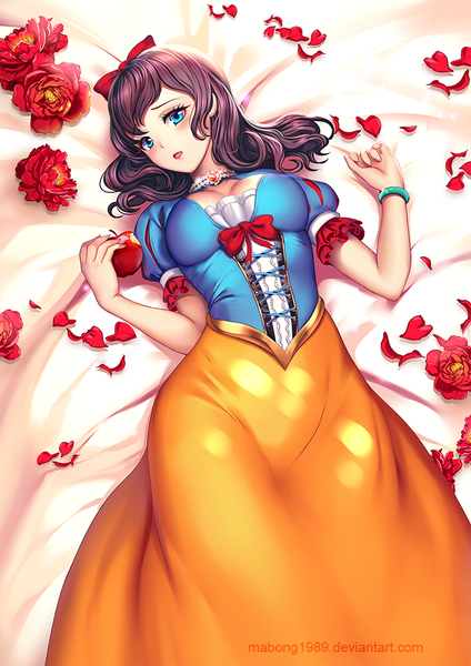 Anime picture 706x1000 with snow white and the seven dwarfs snow white riiya (mabong1989) single long hair tall image looking at viewer blush open mouth blue eyes purple hair girl dress flower (flowers) petals fruit apple