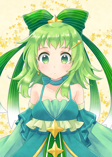 Anime picture 715x1000 with vocaloid gumi moriya ako single tall image looking at viewer blush fringe short hair simple background bare shoulders green eyes upper body green hair cosplay yellow background yuki miku (cosplay) girl hair ornament bow