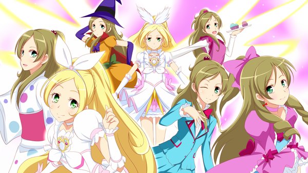 Anime picture 1680x945 with precure suite precure toei animation minamino kanade cure rhythm jabara921 long hair blonde hair brown hair wide image multiple girls green eyes one eye closed wink drill hair 6+ girls multiple persona 7 girls girl dress
