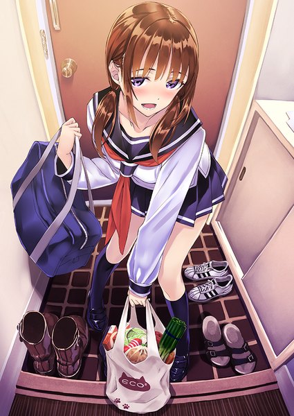 Anime picture 709x1001 with original matsuryuu single long hair tall image looking at viewer blush open mouth brown hair purple eyes twintails from above low twintails girl skirt uniform miniskirt socks serafuku shoes