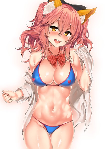 Anime picture 1020x1450 with fate (series) fate/grand order tamamo (fate) (all) tamamo no mae (swimsuit lancer) (fate) kawai (purplrpouni) single long hair tall image blush fringe breasts open mouth light erotic simple background smile hair between eyes large breasts standing white background bare shoulders