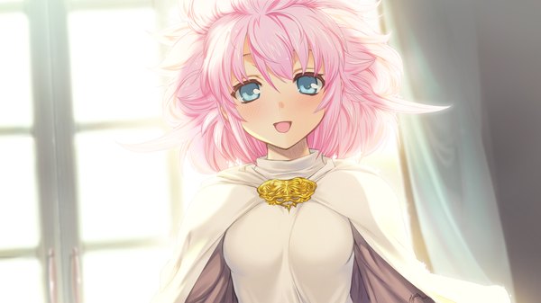 Anime picture 1280x720 with rance (series) rance ix orion (orionproject) single looking at viewer blush fringe short hair breasts open mouth blue eyes wide image pink hair indoors girl window cape brooch