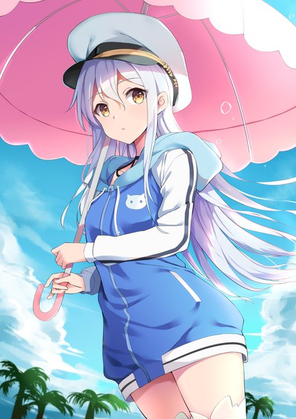 Anime-Bild 2480x3507 mit island (anime) ohara rinne wawako mama user nexz2257 single long hair tall image looking at viewer fringe highres hair between eyes standing yellow eyes sky silver hair cloud (clouds) girl thighhighs plant (plants) white thighhighs