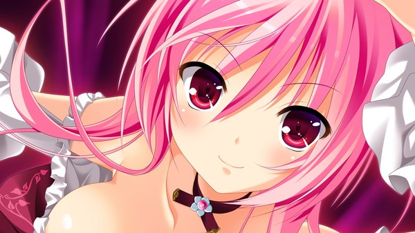Anime picture 1280x720 with gensou no idea nanami naru makita maki single long hair looking at viewer blush smile red eyes wide image bare shoulders pink hair game cg girl