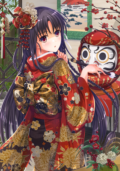 Anime-Bild 849x1200 mit youkoso jitsuryoku shijou shugi no kyoushitsu e horikita suzune hoshimaemi single long hair tall image blush fringe open mouth black hair red eyes standing braid (braids) traditional clothes japanese clothes looking back hair flower from behind wide sleeves floral print