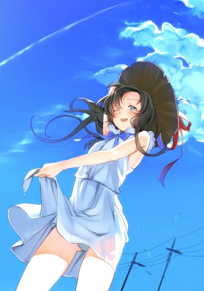 Anime picture 618x880 with original takeuchi aya single long hair tall image looking at viewer blush light erotic standing holding green eyes sky cloud (clouds) one eye closed wink from below sleeveless happy upskirt girl