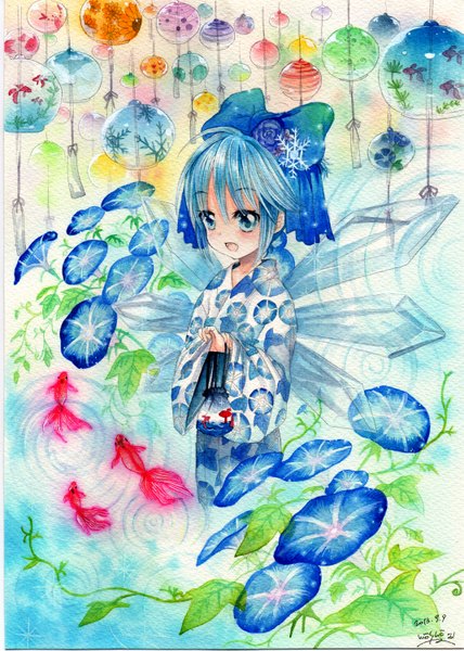 Anime picture 1069x1500 with touhou cirno mosho single tall image blush short hair open mouth blue eyes signed blue hair traditional clothes japanese clothes traditional media watercolor (medium) girl flower (flowers) bow hair bow wings
