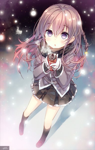 Anime picture 1887x2961 with original yadapot single long hair tall image looking at viewer blush fringe highres hair between eyes brown hair standing purple eyes red hair braid (braids) pleated skirt from above :o shadow snowing