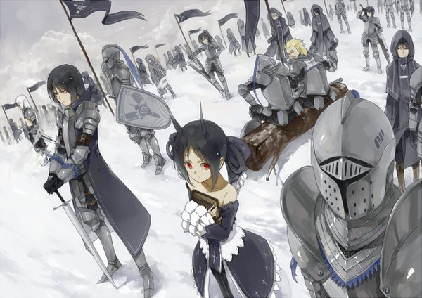 Anime picture 1342x950 with original pixiv fantasia haijin short hair black hair red eyes horn (horns) from above multiple boys winter snow oni horns fisheye army girl dress boy weapon sword armor