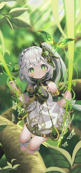 Anime picture 2322x4928 with genshin impact nahida (genshin impact) crystalfly (genshin impact) yuujin (yuzinn333) single long hair tall image blush highres green eyes silver hair full body outdoors from above loli side ponytail looking up girl dress swing