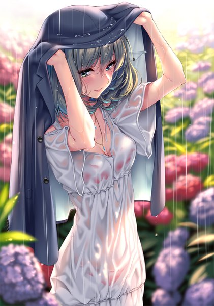 Anime picture 906x1291 with idolmaster idolmaster cinderella girls takagaki kaede piromizu single tall image looking at viewer blush fringe short hair breasts blue eyes light erotic hair between eyes brown hair standing holding green eyes cleavage outdoors