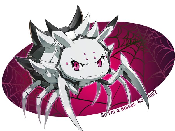 Anime picture 1266x950 with kumo desu ga nani ka? kumoko (kumo desu ga nani ka?) nyoronyoro single looking at viewer pink eyes copyright name no people insect spider web spider