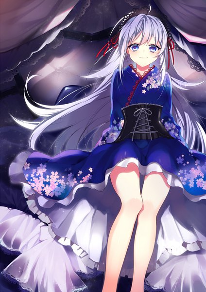 Anime picture 1000x1414 with original manyako (mohumohu) single long hair tall image looking at viewer fringe blue eyes smile silver hair ahoge traditional clothes japanese clothes bare legs floral print lacing girl headdress corset