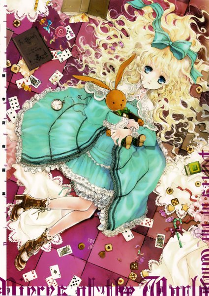 Anime picture 3604x5082 with alice in wonderland alice (wonderland) kuramoto kaya long hair tall image highres open mouth blue eyes blonde hair absurdres loli checkered floor girl dress bow hair bow food sweets book (books) toy