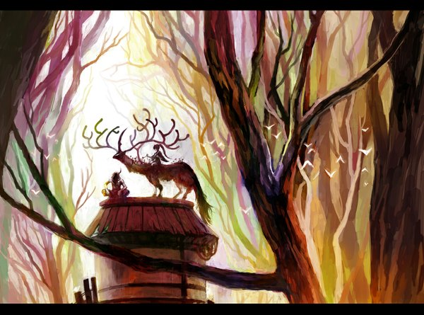 Anime picture 1077x800 with original lack horn (horns) landscape nature oni antlers animal tree (trees) forest youkai