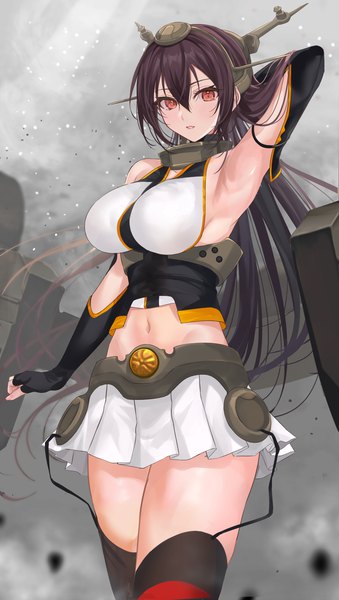 Anime picture 1130x2000 with kantai collection nagato battleship mexif single long hair tall image looking at viewer fringe light erotic black hair hair between eyes red eyes standing pleated skirt armpit (armpits) midriff arm behind head girl skirt gloves