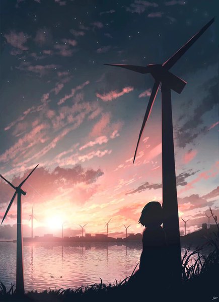Anime picture 1600x2203 with original skyrick9413 single tall image short hair sky cloud (clouds) evening sunset scenic silhouette girl plant (plants) sea grass wind turbine