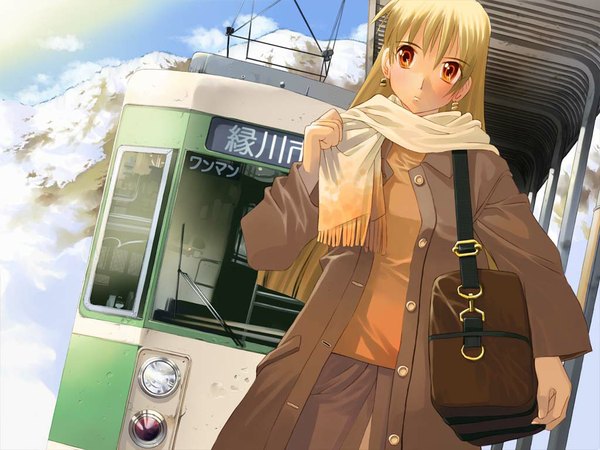Anime picture 1024x768 with nejire iuro single long hair blonde hair looking away orange eyes girl earrings scarf bag coat tram