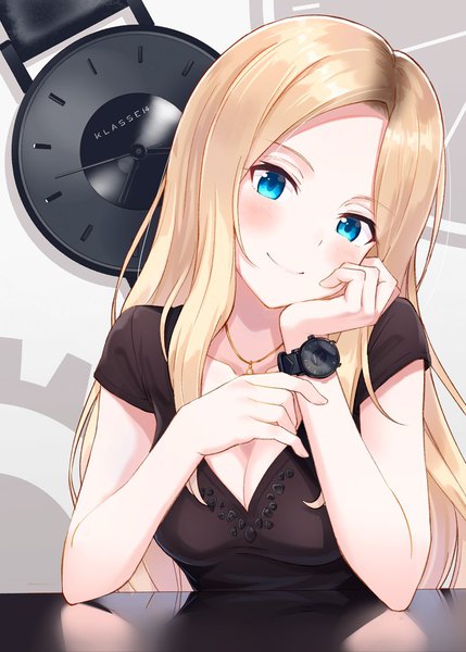 Anime picture 800x1119 with original klasse14 hyuuga azuri single long hair tall image looking at viewer blush breasts blue eyes simple background blonde hair smile payot cleavage upper body head tilt reflection chin rest girl