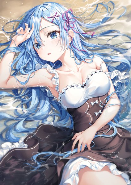 Anime picture 1500x2122 with re:zero kara hajimeru isekai seikatsu white fox rem (re:zero) r o ha single long hair tall image looking at viewer blush fringe breasts open mouth blue eyes hair between eyes large breasts bare shoulders payot blue hair cleavage lying