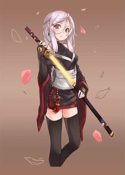 Anime picture 900x1256 with dungeon and fighter nellen single long hair tall image looking at viewer blush simple background red eyes traditional clothes japanese clothes zettai ryouiki unsheathing girl thighhighs weapon black thighhighs earrings petals sword