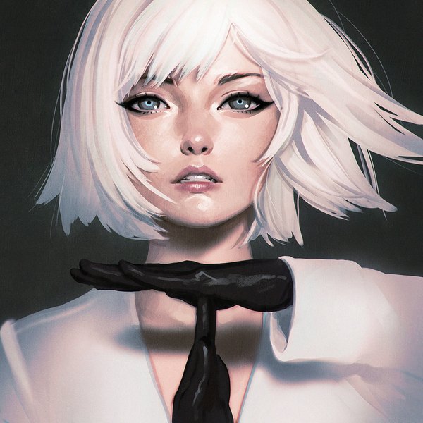 Anime picture 1080x1080 with original ilya kuvshinov single fringe blue eyes simple background white hair parted lips wind lips realistic grey background shadow grey eyes portrait looking up eyeshadow clenched teeth multicolored eyes time-out (gesture)