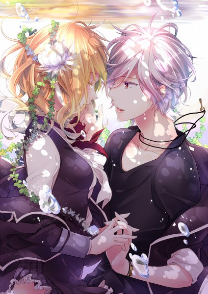 Anime picture 849x1200 with diabolik lovers idea factory sakamaki subaru komori yui 38ymk0 tall image short hair open mouth blonde hair purple hair white hair eyes closed profile hair flower couple holding hands underwater interlocked fingers almost kiss girl