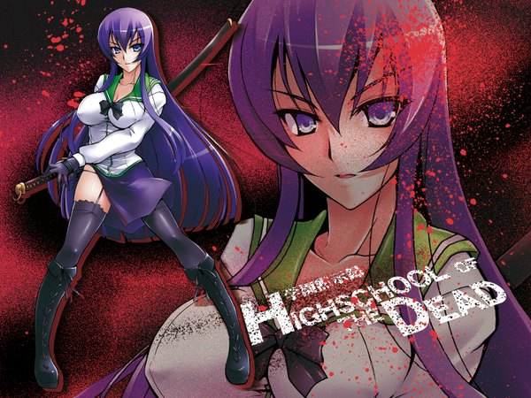 Anime picture 1600x1200 with highschool of the dead madhouse busujima saeko long hair breasts blue eyes light erotic large breasts purple hair girl thighhighs weapon black thighhighs sword serafuku boots knee boots