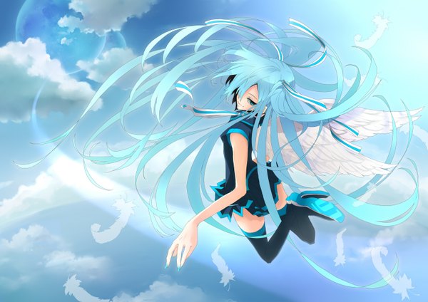 Anime picture 1414x1000 with vocaloid hatsune miku plastick single blue eyes smile twintails blue hair sky cloud (clouds) very long hair flying angel wings girl thighhighs ribbon (ribbons) wings feather (feathers)