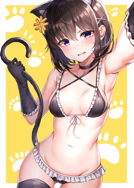 Anime picture 1694x2373 with original nyung single tall image looking at viewer blush fringe short hair breasts open mouth light erotic hair between eyes brown hair standing purple eyes animal ears tail animal tail cat ears armpit (armpits)