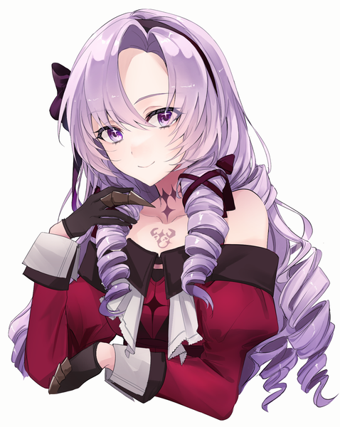 Anime picture 1391x1745 with virtual youtuber nijisanji hyakumantenbara salome hyakumantenbara salome (1st costume) x (46832155) single long hair tall image looking at viewer simple background smile white background purple eyes purple hair upper body drill hair girl gloves ribbon (ribbons) hair ribbon