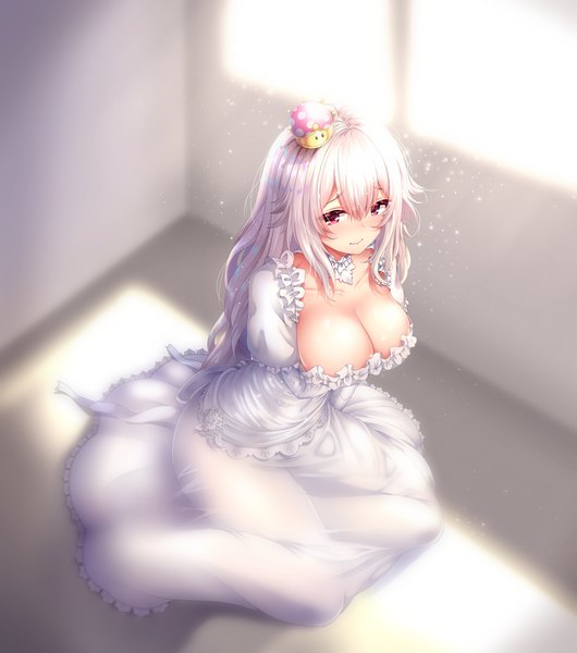 Anime picture 2800x3164 with super mario bros. new super mario bros. u deluxe princess king boo hibi (grangcat) single long hair tall image looking at viewer blush fringe highres breasts light erotic hair between eyes large breasts sitting payot cleavage silver hair pink eyes