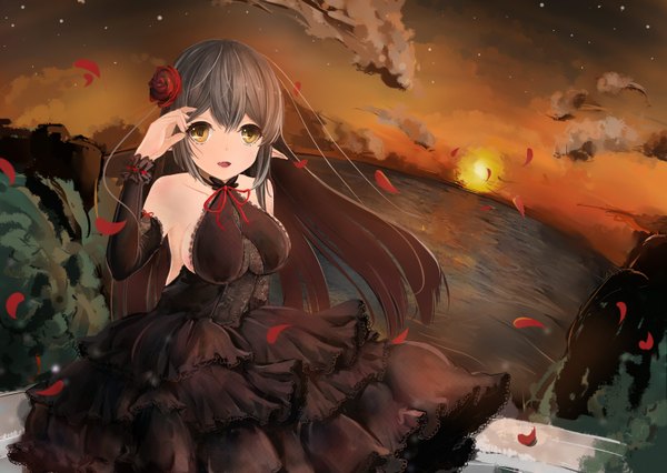 Anime picture 1600x1138 with original dre single long hair looking at viewer fringe breasts open mouth black hair large breasts bare shoulders yellow eyes cloud (clouds) hair flower wind pointy ears sunlight night night sky adjusting hair