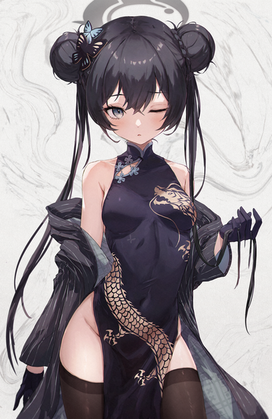 Anime picture 1233x1902 with blue archive kisaki (blue archive) yoyopipa single long hair tall image looking at viewer fringe light erotic hair between eyes twintails traditional clothes one eye closed off shoulder grey eyes hair bun (hair buns) chinese clothes side slit holding hair girl