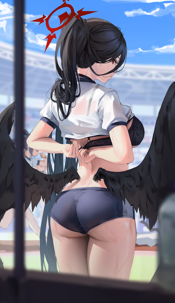 Anime picture 1351x2335 with blue archive yuuka (blue archive) hasumi (blue archive) yuuka (gym uniform) (blue archive) hasumi (gym uniform) (blue archive) leviathan (hikinito0902) long hair tall image looking at viewer fringe breasts light erotic black hair hair between eyes red eyes large breasts standing multiple girls sky cloud (clouds)