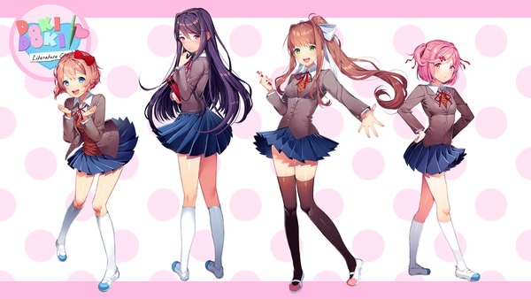 Anime picture 1920x1080 with doki doki literature club monika (doki doki literature club) yuri (doki doki literature club) natsuki (doki doki literature club) sayori (doki doki literature club) satchely long hair looking at viewer fringe highres short hair open mouth blue eyes smile hair between eyes brown hair wide image standing purple eyes multiple girls