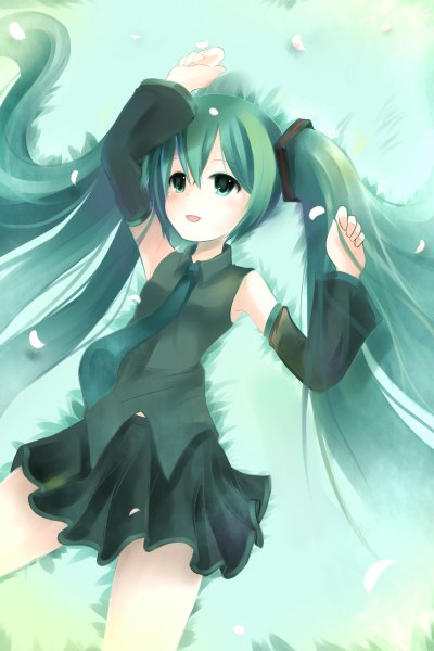 Anime picture 1600x2400 with vocaloid hatsune miku tagme (artist) single long hair tall image blush fringe open mouth smile twintails bare shoulders looking away lying aqua eyes aqua hair girl skirt detached sleeves petals