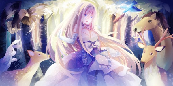 Anime picture 1800x900 with original filiananna long hair blush highres breasts blue eyes blonde hair smile wide image large breasts looking away cleavage pointy ears girl dress gloves hair ornament plant (plants) animal