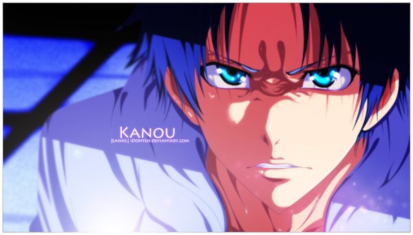 Anime picture 1356x772 with kaichou wa maid-sama! soutarou kanou idonten single short hair blue eyes wide image blue hair sunlight inscription coloring close-up face framed angry boy shirt