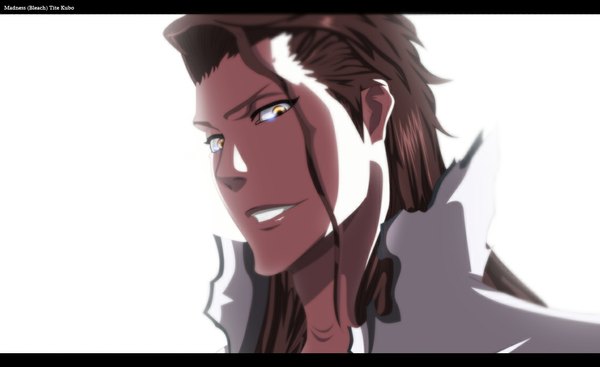 Anime picture 1127x691 with bleach studio pierrot aizen sousuke madnesssss single long hair smile brown hair wide image white background orange eyes coloring portrait face boy