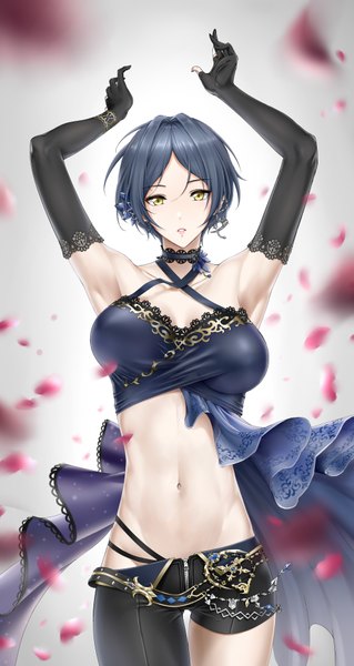 Anime picture 998x1873 with idolmaster idolmaster cinderella girls idolmaster cinderella girls starlight stage hayami kanade de mo ne single tall image looking at viewer short hair breasts light erotic simple background large breasts standing bare shoulders yellow eyes blue hair parted lips grey background arms up