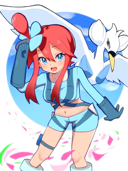 Anime picture 1200x1600 with pokemon pokemon black and white nintendo skyla (pokemon) swanna nuneno single long hair tall image looking at viewer blush fringe open mouth blue eyes smile hair between eyes standing sky cloud (clouds) red hair
